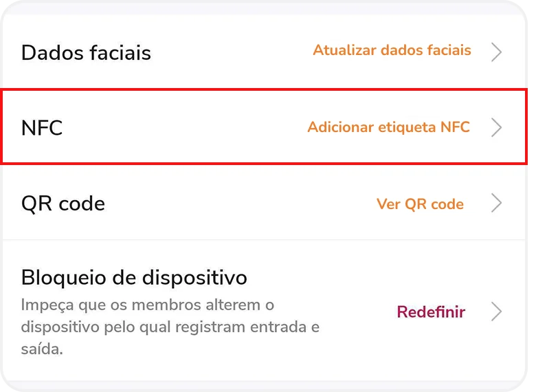 Configurações da conta – NFC